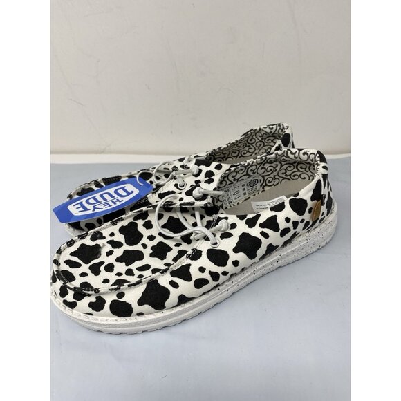 NWT Hey Dude Wendy Milky Way Black White Size 8 Cow Pattern Slip On - Picture 1 of 7